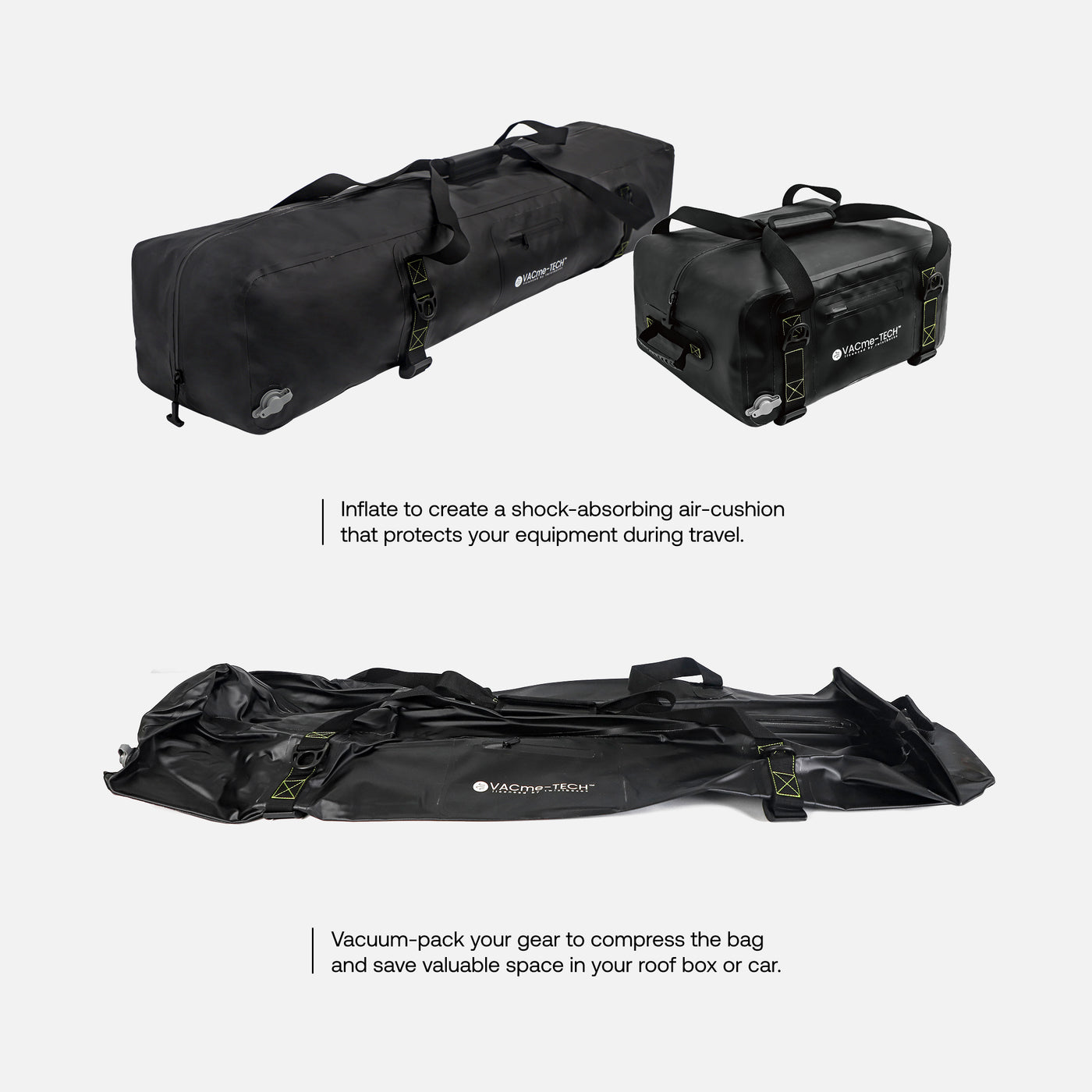VACme-TECH duffelbags vacuum-pack your gear to save space or inflate for protection